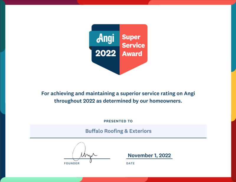 2022 Angi Super Service Award presented to Buffalo Roofing Exteriors