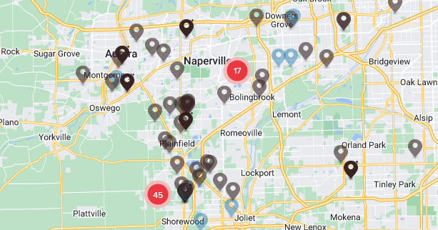 Map showing recent roofing and siding projects performed in the Naperville Plainfield and Aurora area of Illinois